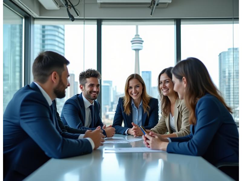 Diverse Toronto professionals collaborating in a modern, vibrant office setting with CN Tower visible outside the window, symbolizing innovation and productivity.