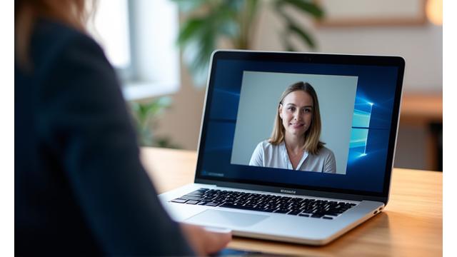 A person conducting a video interview on a laptop, with a professional background, indicating remote evaluation.